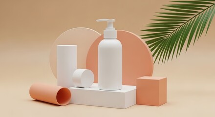 Minimalist Skincare Product Display with Tropical Leaf.