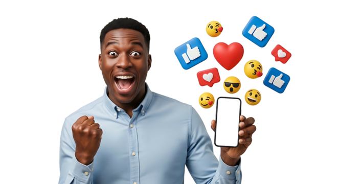 Excited African American man holding smartphone with social media icons.