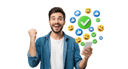 Excited man celebrates success with social media engagement.