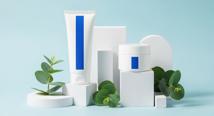 Minimalist Skincare Products on Display with Greenery and Geometric Shapes.