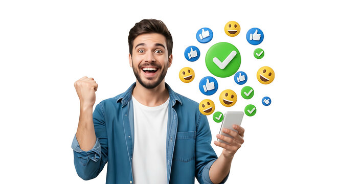 Excited man celebrates success with social media engagement.