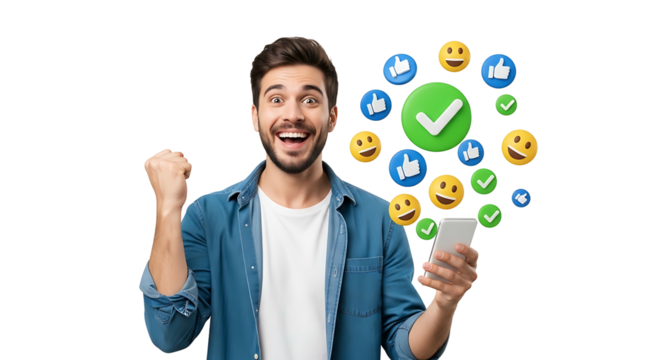 Excited man celebrates success with social media engagement.