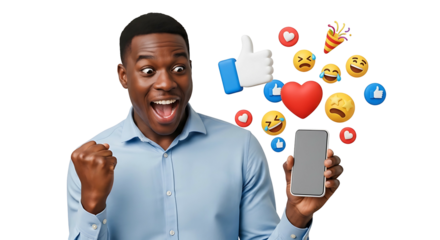 Excited Man with Phone Surrounded by Social Media Emojis.