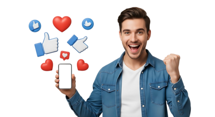 Excited Man with Phone Surrounded by Social Media Icons 1.