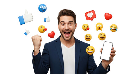 Excited Man with Phone Surrounded by Social Media Icons 2.