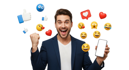 Excited Man with Phone Surrounded by Social Media Icons 2.