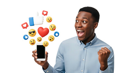 Excited Man with Phone Surrounded by Social Media Icons.