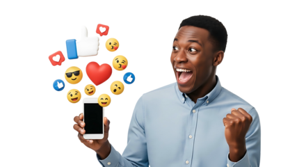 Excited Man with Phone Surrounded by Social Media Icons.