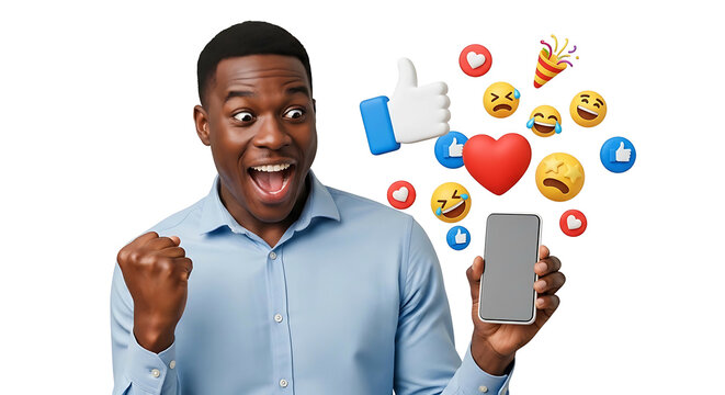 Excited Man with Phone Surrounded by Social Media Emojis. - Powered by Adobe