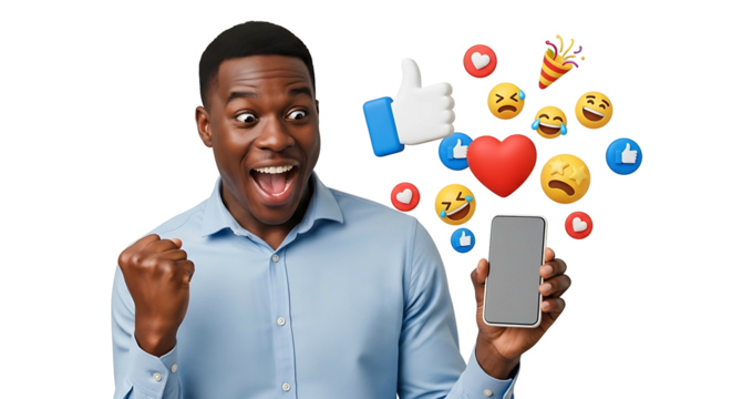 Excited Man with Phone Surrounded by Social Media Emojis.