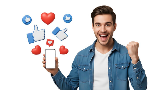 Excited Man with Phone Surrounded by Social Media Icons 1.