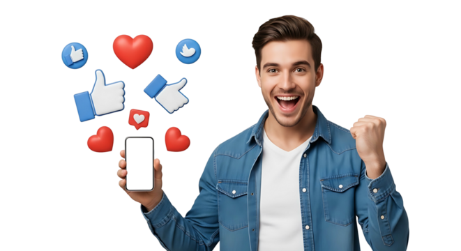Excited Man with Phone Surrounded by Social Media Icons 1.