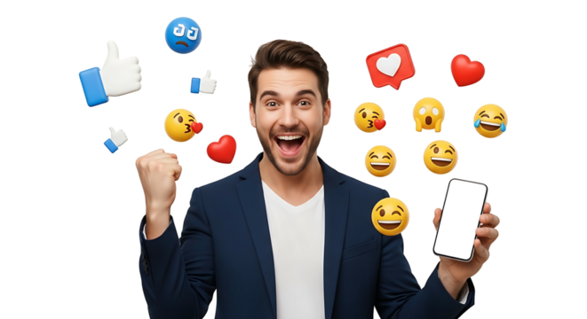 Excited Man with Phone Surrounded by Social Media Icons 2.