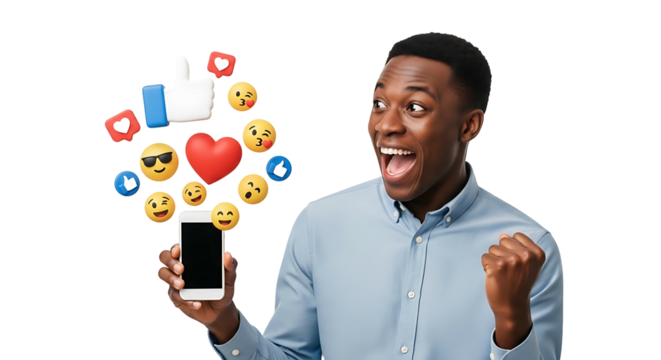 Excited Man with Phone Surrounded by Social Media Icons.