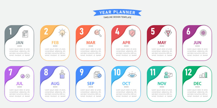 Timeline Creator infographic template. 12 months timeline journey, 1 year calendar infographics design template. presentation graph. Business concept with 12 options or steps, vector illustration.