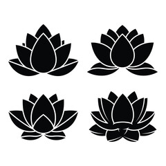 Four stylized black lotus flower silhouettes isolated on white representing purity and enlightenment silhouette