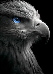 With piercing blue eyes and sharp features, this powerful bird of prey exudes strength and grace. Set against a deep black background, it commands attention and admiration.