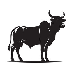 Silhouette of a majestic bull with prominent horns standing on a grassy field