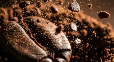 macro shot of dark roasted coffee beans, detailed textures, gritty, rich brown tones, intricate patterns, crushed coffee beans, close up
