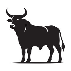 Silhouette of a majestic bull with prominent horns standing on a grassy field