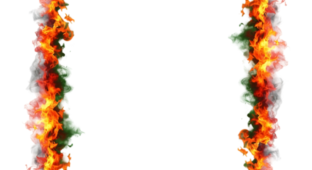 Fiery flames border a white background creating a visual contrast.