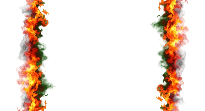 Fiery flames border a white background creating a visual contrast.