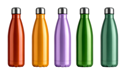 Five colorful reusable water bottles in a row.