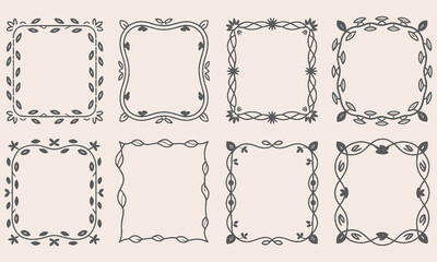 Collection of eight decorative hand-drawn floral and vine borders and frames in dark gray on a light beige background