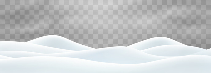 Vector snowdrifts isolated on png background. Snow landscape decoration, frozen hills. Empty snowbanks field. Christmas vector illustration. Transparent background.