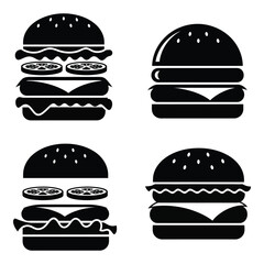 Four stylized black and white silhouette hamburgers icons set food fast food meal delicious american cuisine silhouette