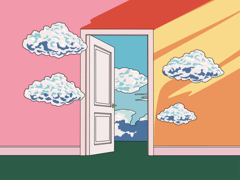 Illustrated Surreal Landscape with an Open Door to Dreamy Cloudy Sky Background for Conceptual Banner Posters, Flyers, and Social Media Graphics