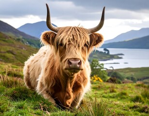 Highland cow resting in grassy hills overlooking a loch