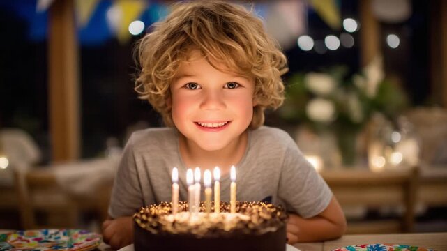 A young boy eagerly blows out candles on a chocolate cake at a vibrant birthday celebration, his face aglow with warm candlelight amidst festive decorations.