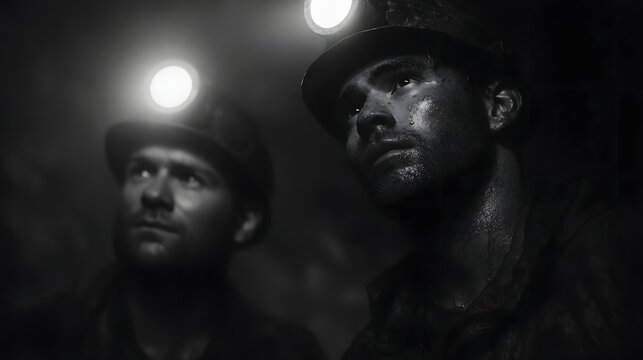 Two miners wearing headlamps working in a dark gritty underground mine