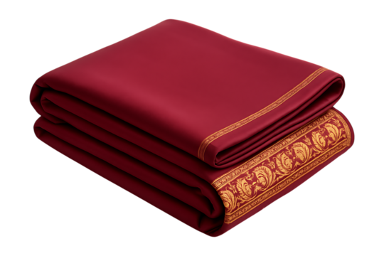 Silk Saree. Indian Clothing. Wedding Fabric. An isolated PNG clip art of a folded red silk saree with a golden border on a transparent background for wedding or textile concepts.