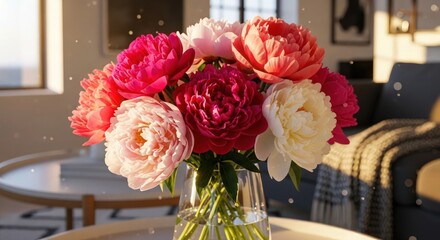 large bouquet of lush, vibrant red and pink peonies in a glass vase, centerpiece on a wooden table, warm lighting, elegant and luxurious, high detail, warm tones, photorealistic
