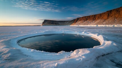 Naklejka premium Vast Frozen Landscape Under a Clear Blue Sky Showcasing an Icy Lake, ai-generated