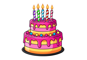 A colorful, two-tiered birthday cake adorned with bright pink frosting, sprinkles, and lit candles, showcasing festive cake decorating