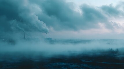 An industrial factory releases thick smoke into a dense foggy and atmospheric landscape under overcast skies