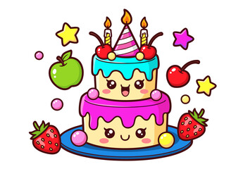 Adorable Two-Tiered Birthday Cake Decorating with Cute Cherries, Strawberries, and Green Apple Accents - Kawaii Style