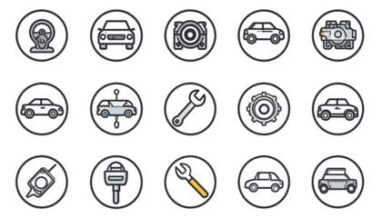 Automotive repair and service icons set for car maintenance and diagnostics.