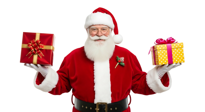 Happy Santa Claus holding two colorful Christmas presents.