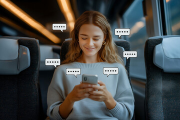 Young woman smiling while texting on smartphone during relaxing train journey with digital chat bubbles around