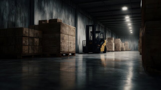 A forklift in a spacious industrial warehouse moving stacked wooden boxes on pallets