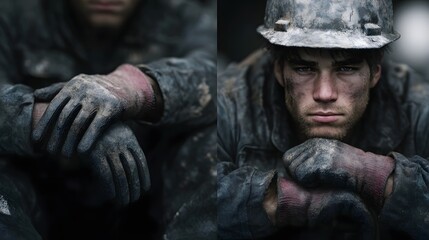 Obraz premium A tired dirty male laborer with a helmet and gloves rests after a hard day s work his face smudged with dirt