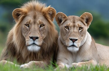 Fototapeta premium two male lions in green grass, one standing and the other lying down.