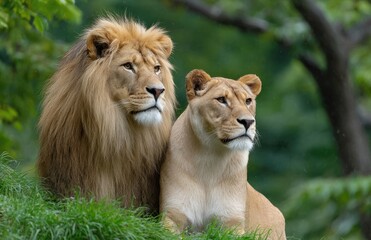 Obraz premium two male lions in green grass, one standing and the other lying down.