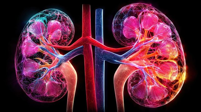 3D illustration focusing on kidneys and adrenal glands