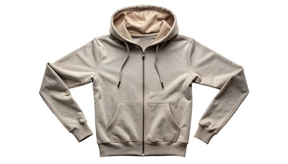 Beige Zip Up Hoodie With Pocket And Hood.