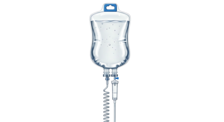 Intravenous Drip Bag with Clear Liquid on White Background.